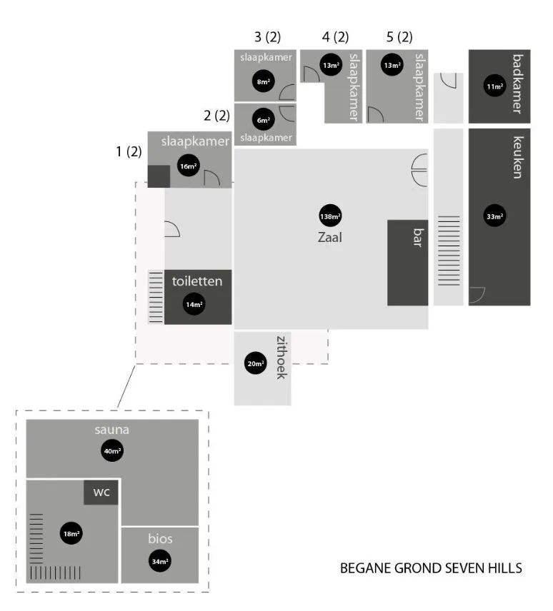 Plattegrond groepsaccommodatie Seven Hills, 60-70 personen, begane grond